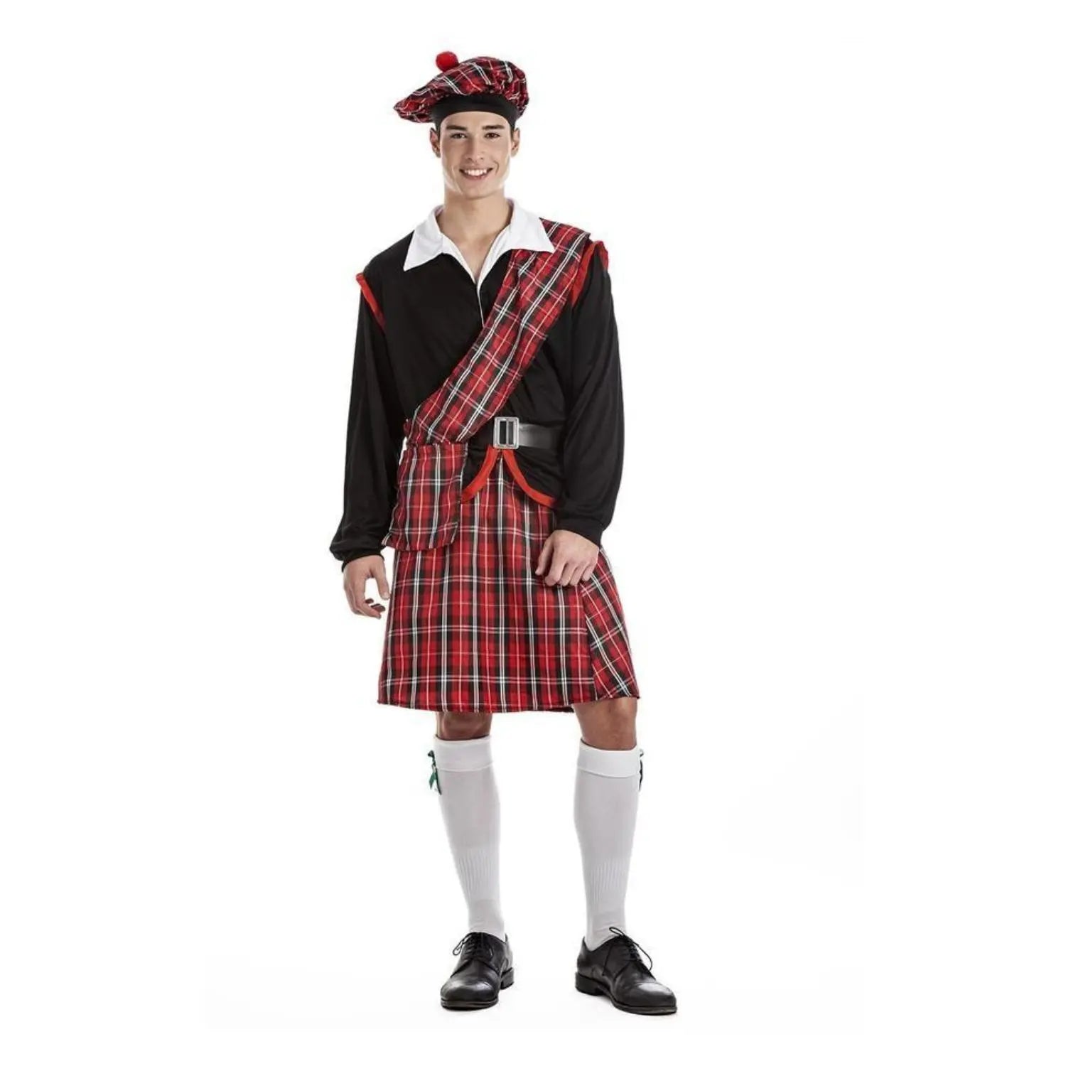 Disfraz de escocés para adulto con kilt de cuadros, cinturón y boina