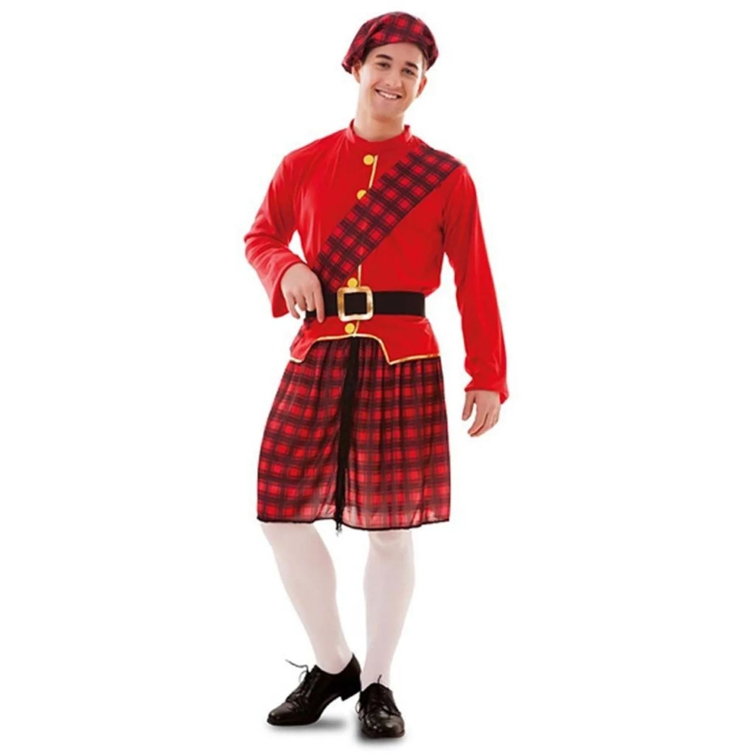 Hombre con disfraz escocés rojo con falda tartán y gorra tradicional