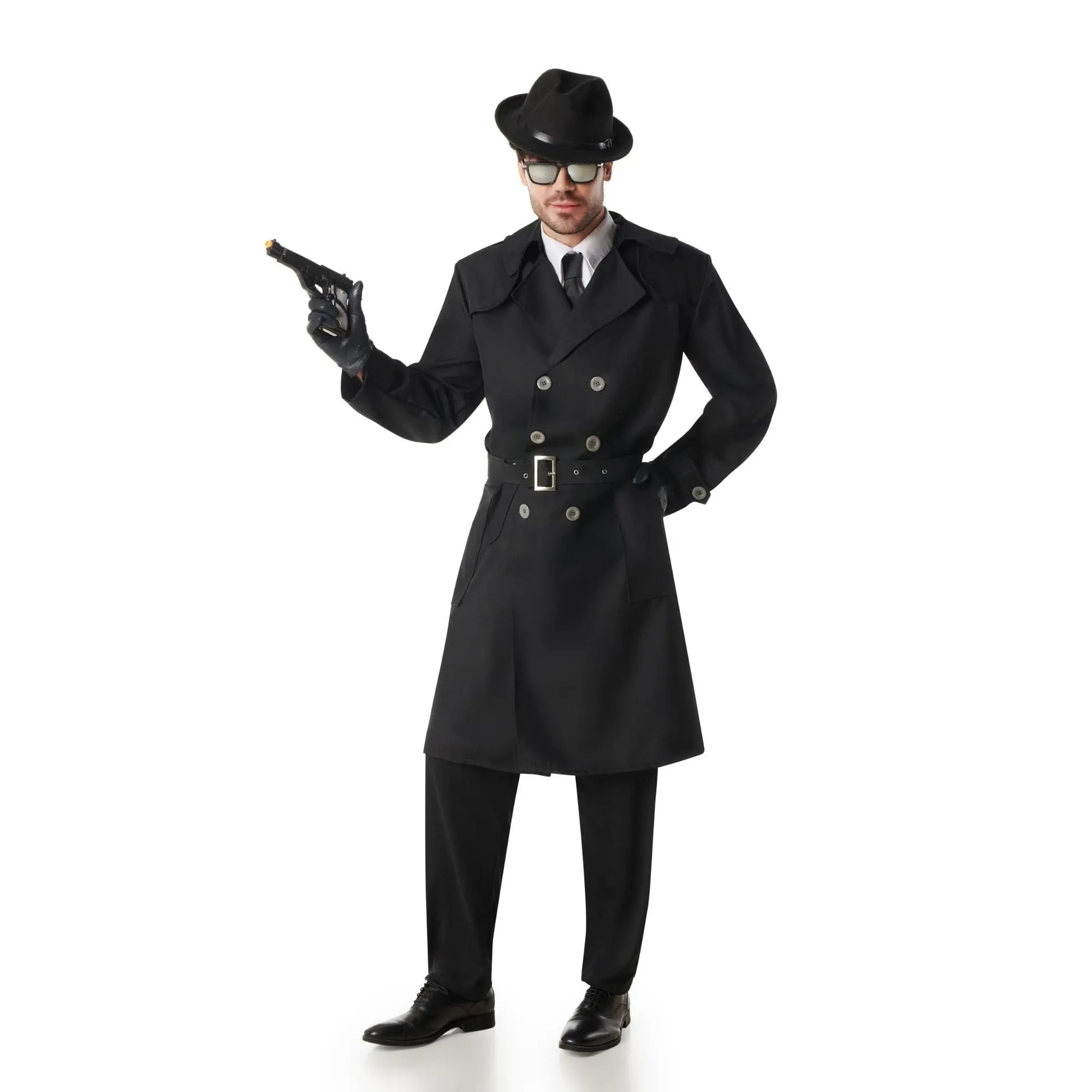 Disfraz de espía adulto con chaqueta, corbata y cinturón estilo agente secreto elegante para Carnaval