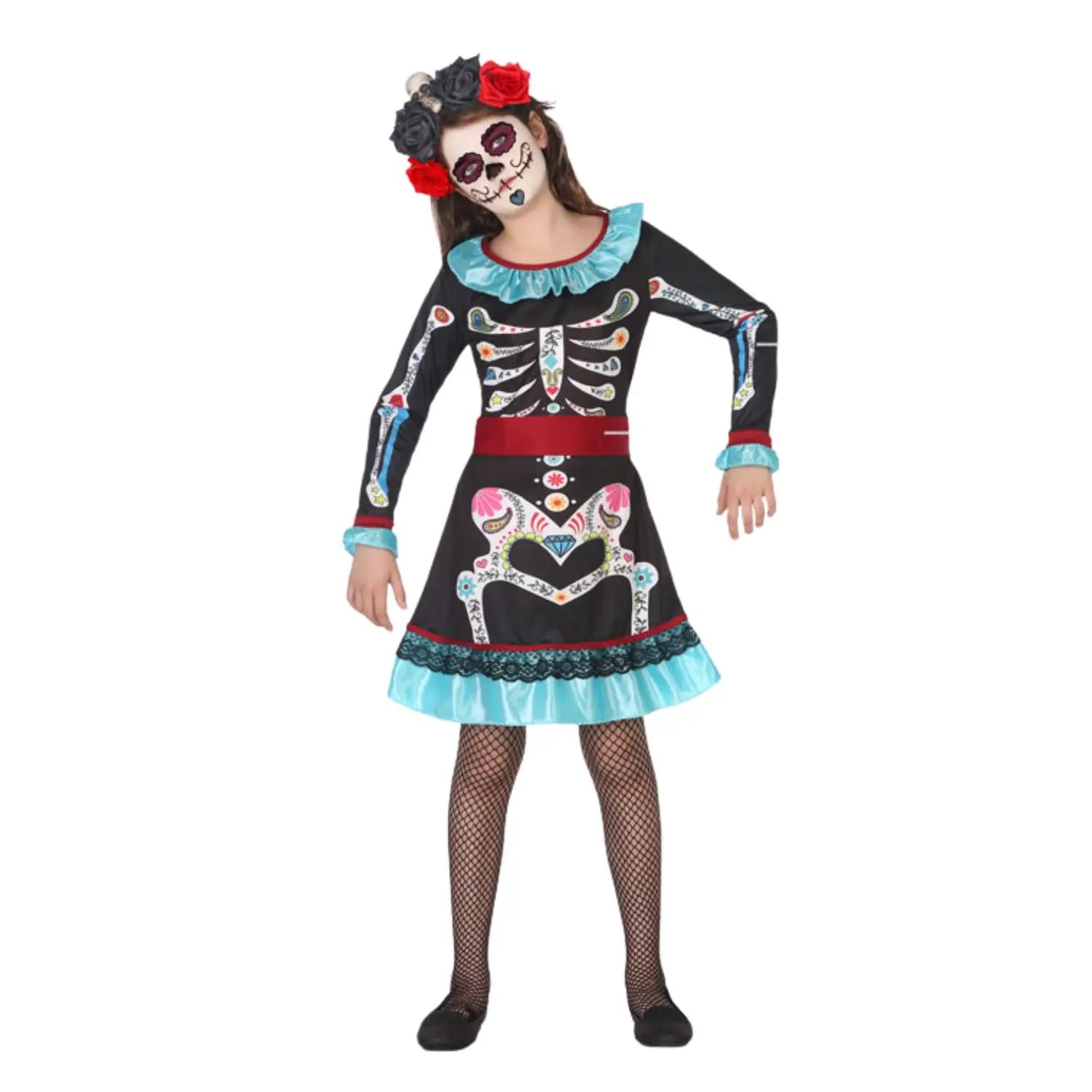 Disfraz de Esqueleto Colorido Infantil con vestido estampado de catrina y cinturón rojo