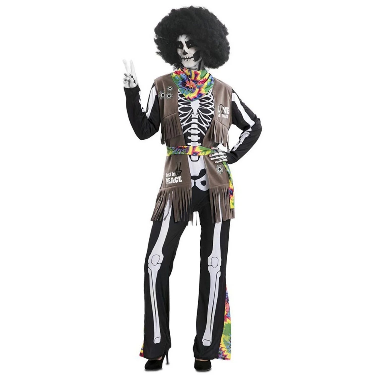 Adulto con disfraz de esqueleto hippie unisex con chaleco y pañuelo multicolor
