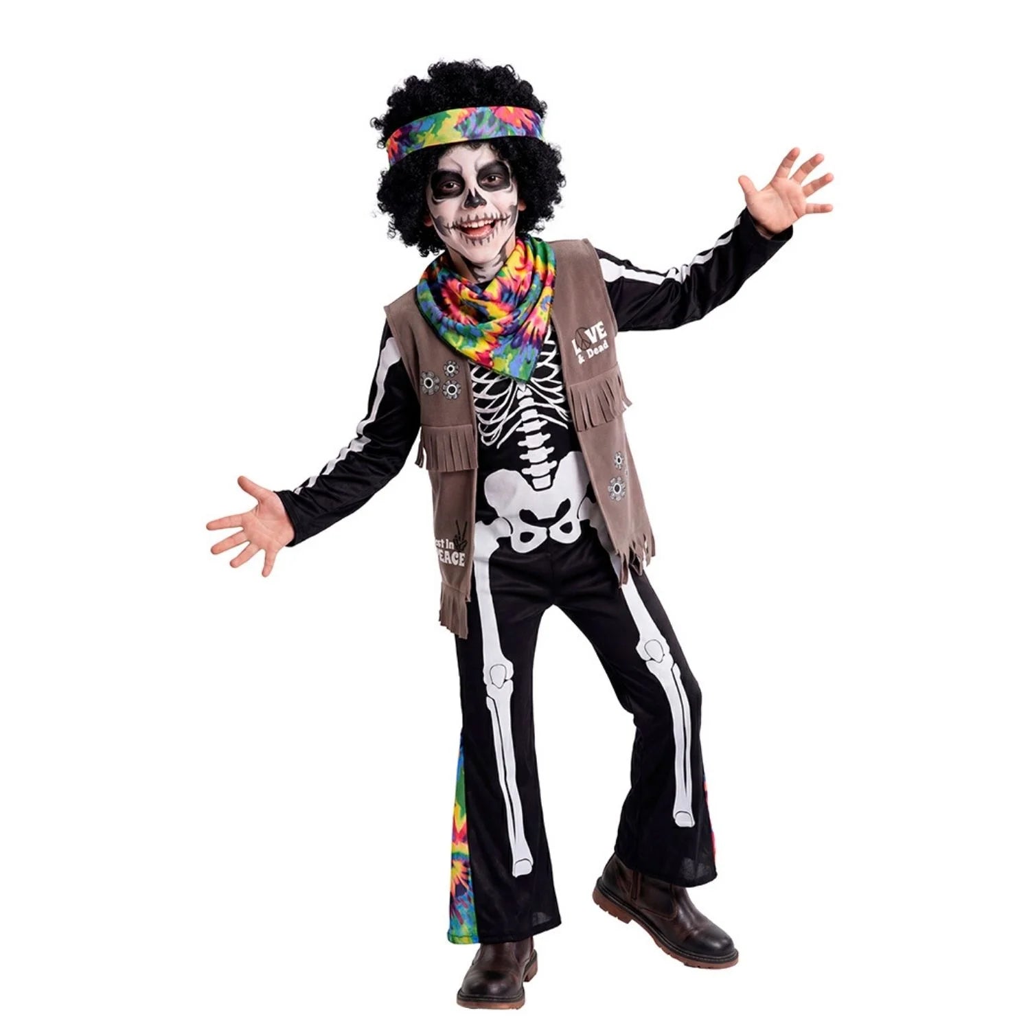 Niño con disfraz de esqueleto hippie infantil unisex para Halloween