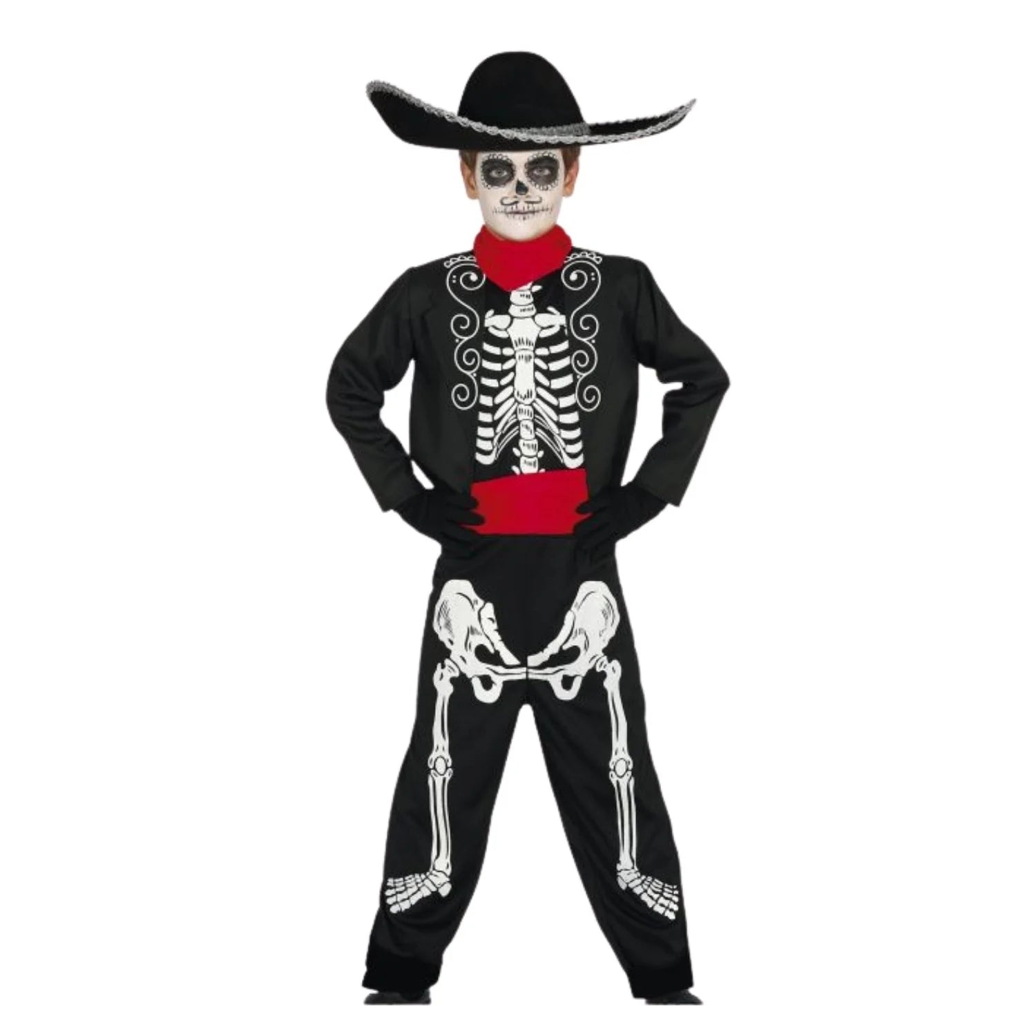 Disfraz Esqueleto Mariachi Niño con chaqueta, faja, mono y pañuelo