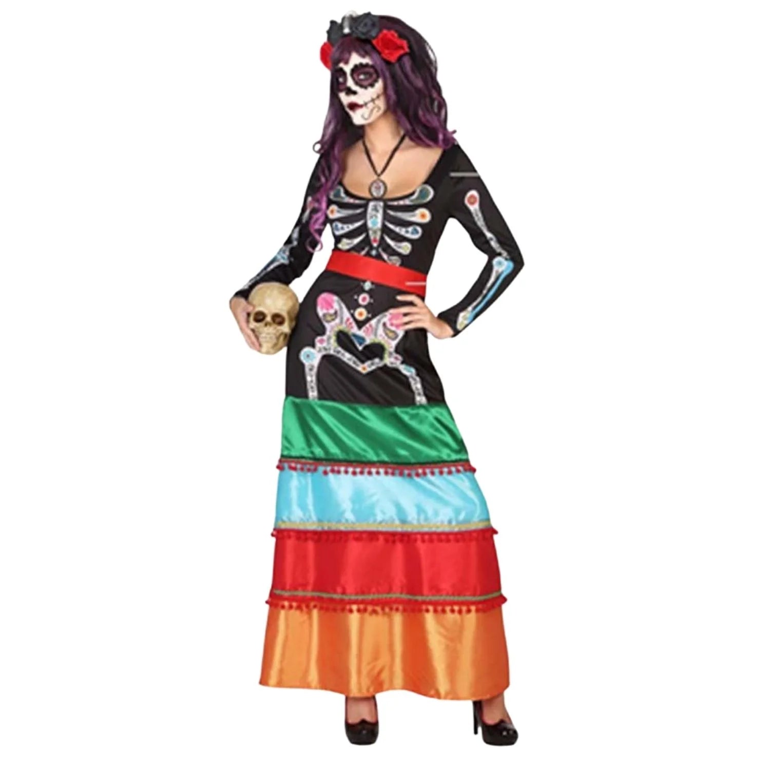 Disfraz esqueleto mejicano mujer con vestido largo para Halloween