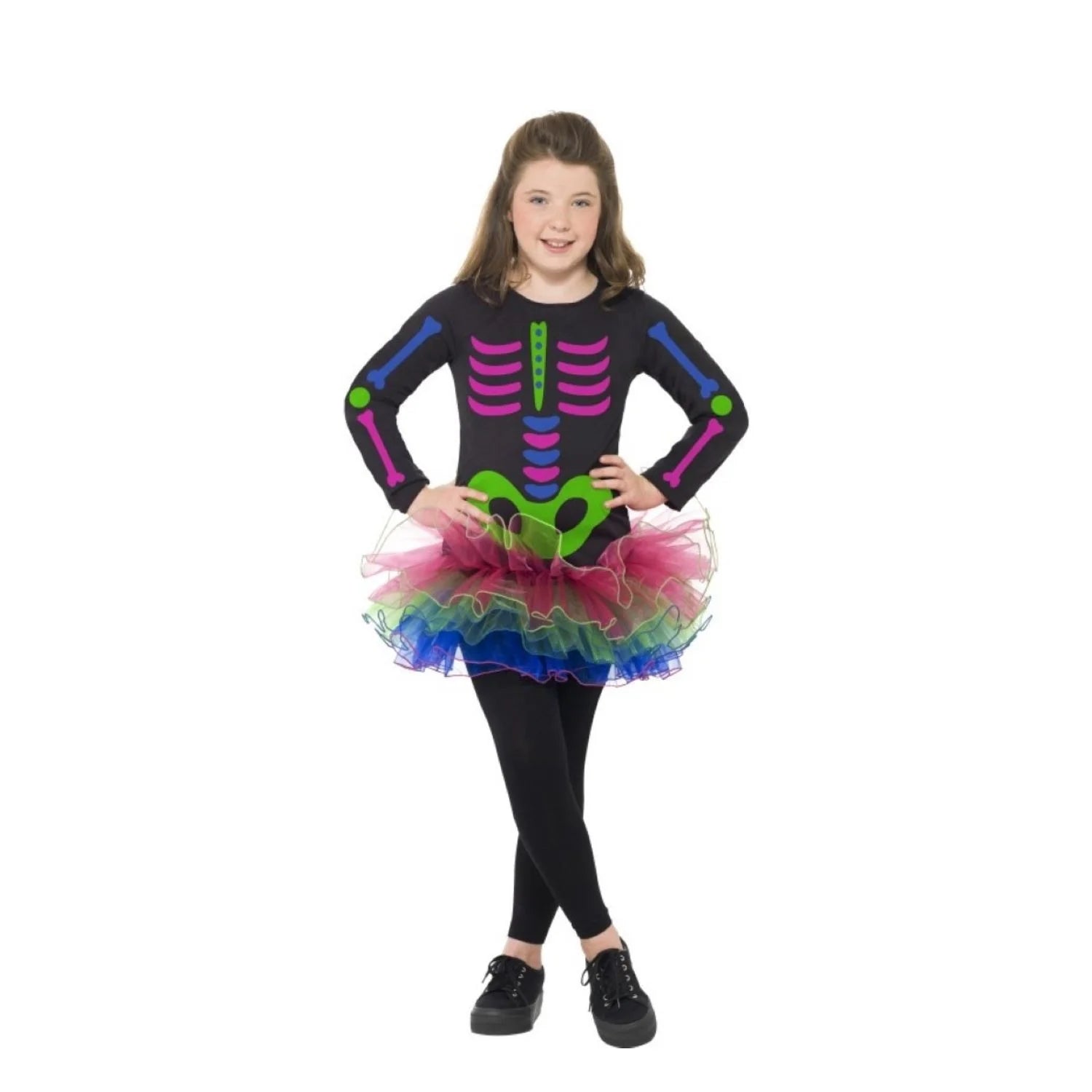Disfraz esqueleto neón niña con tutu multicolor para Halloween