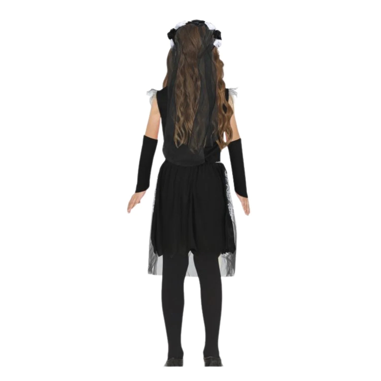 Niña con disfraz vestido de esqueleto niña para Halloween