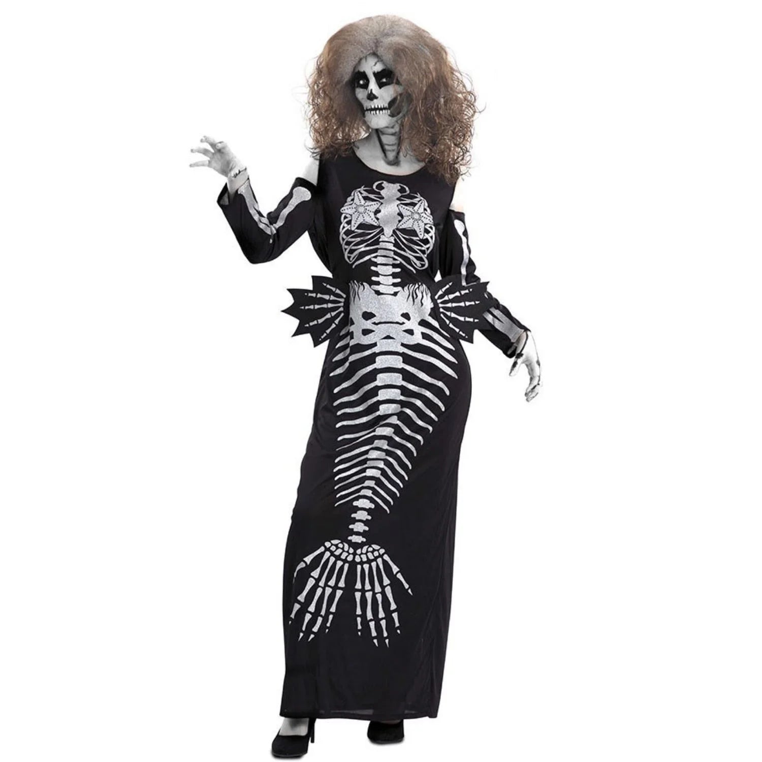 Mujer con disfraz de esqueleto de sirena negro para Halloween