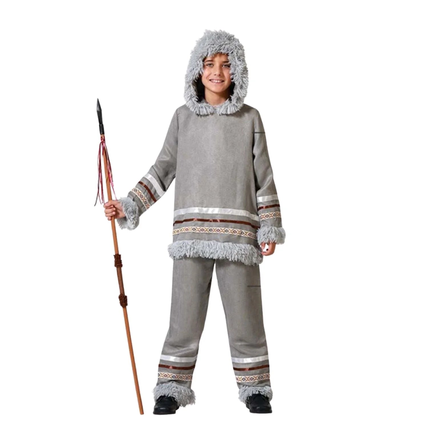 Disfraz esquimal gris niño con capucha y pantalón largo
