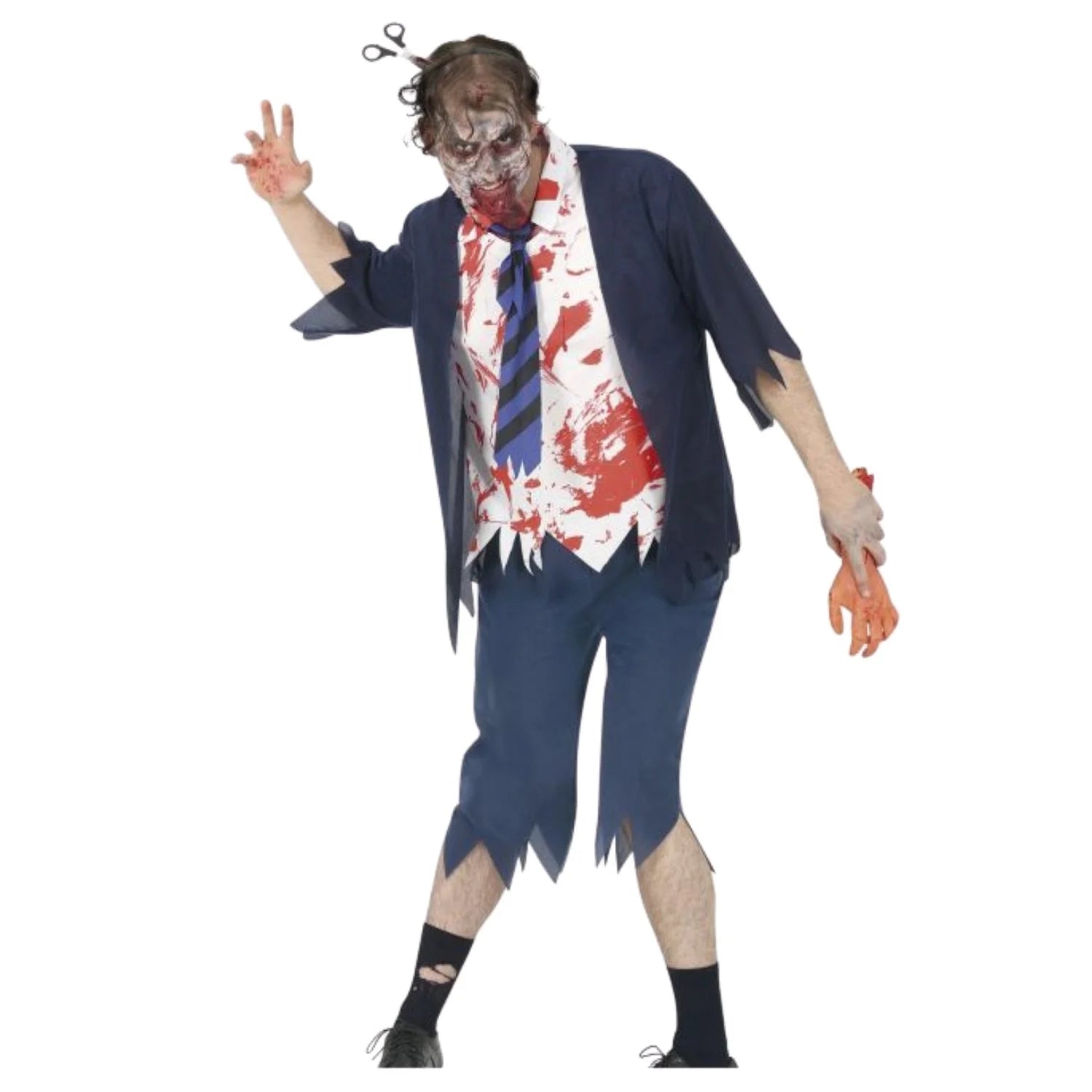 Disfraz estudiante zombie hombre con camisa chaqueta y pantalón