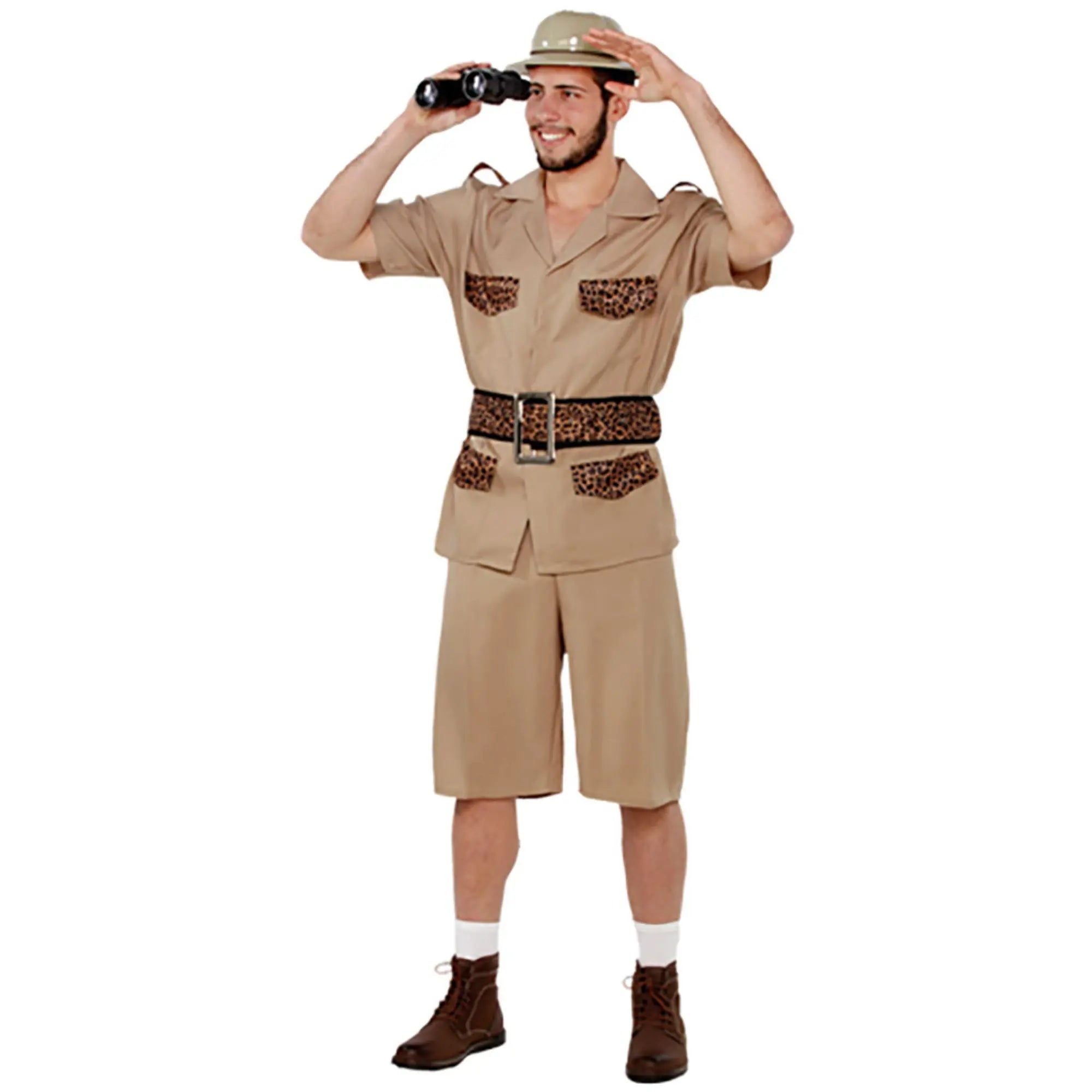Disfraz de safari hombre con camisa marrón y pantalón corto estilo explorador
