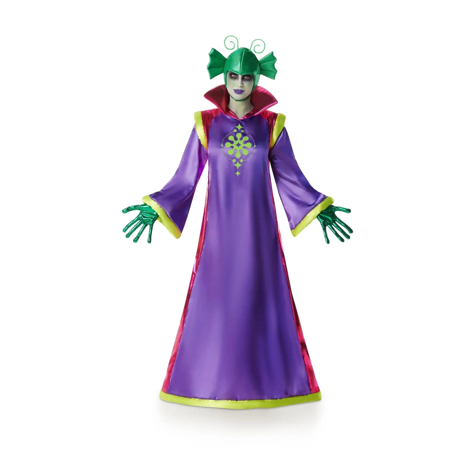 Disfraz extraterrestre morado para adulto con capucha, túnica y guantes estilo alienígena para Carnaval y fiestas