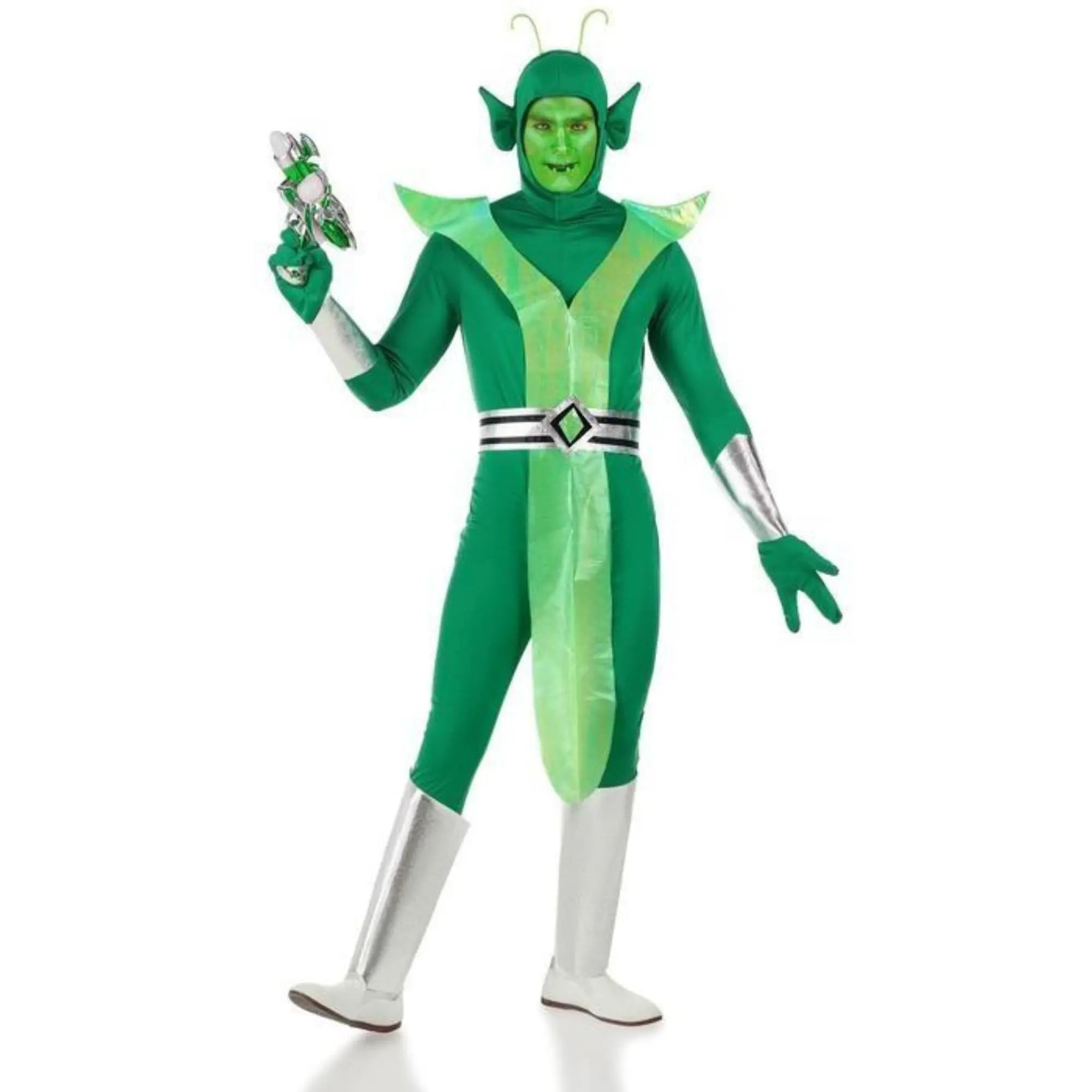 Disfraz de alien verde para hombre con mono, capucha y accesorios extraterrestres completos para Carnaval