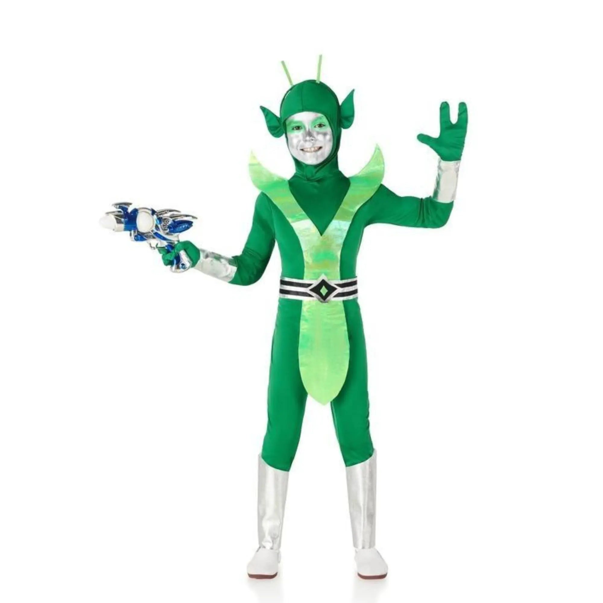 Disfraz alien verde infantil con mono, capucha y accesorios extraterrestres para Carnaval
