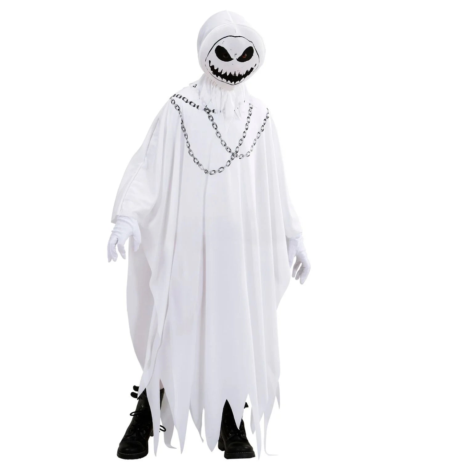 Disfraz fantasma maligno infantil con túnica blanca y capucha terrorífica