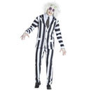 Disfraz de fantasma a rayas blanco y negro para hombre con chaqueta pantalón corbata y cinturón estilo terror Halloween