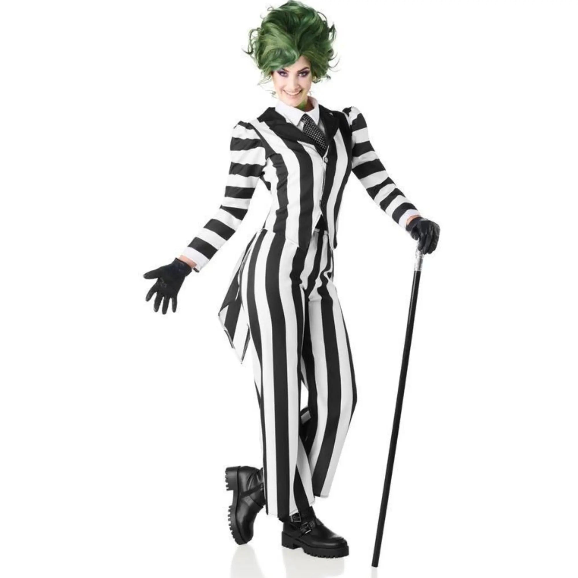 Disfraz de fantasma a rayas blanco y negro para mujer con chaqueta, pantalón y corbata ideal para Halloween