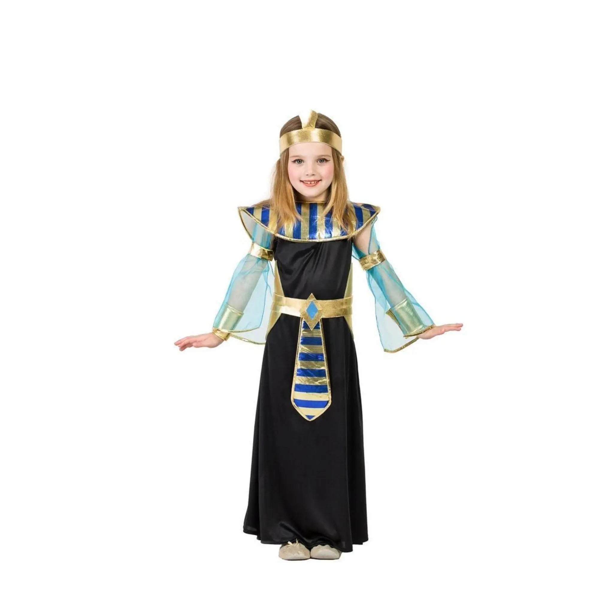 Disfraz de egipcia infantil con vestido y accesorios dorados típico del antiguo Egipto