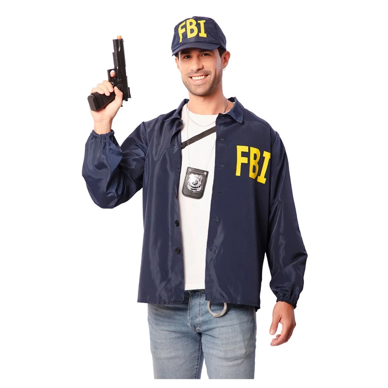 Hombre con disfraz FBI adulto azul marino con gorra de agente secreto