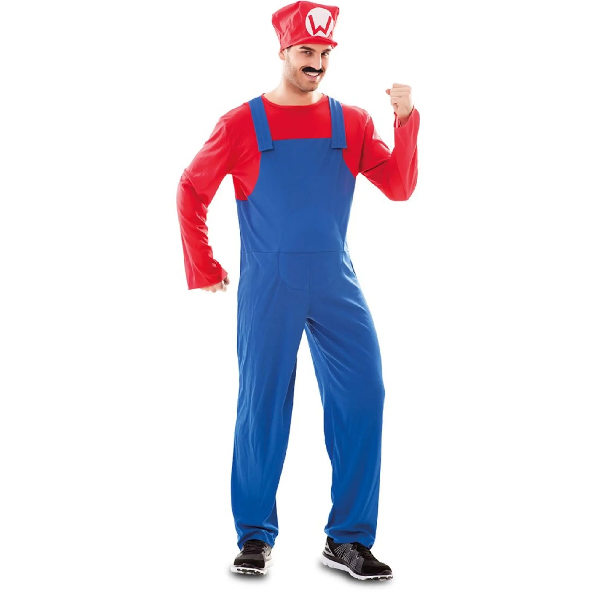Hombre disfrazado de fontanero estilo Mario con mono azul y camisa roja para Carnaval