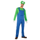 Disfraz de fontanero verde para hombre con mono, camisa y gorro estilo personaje de videojuego