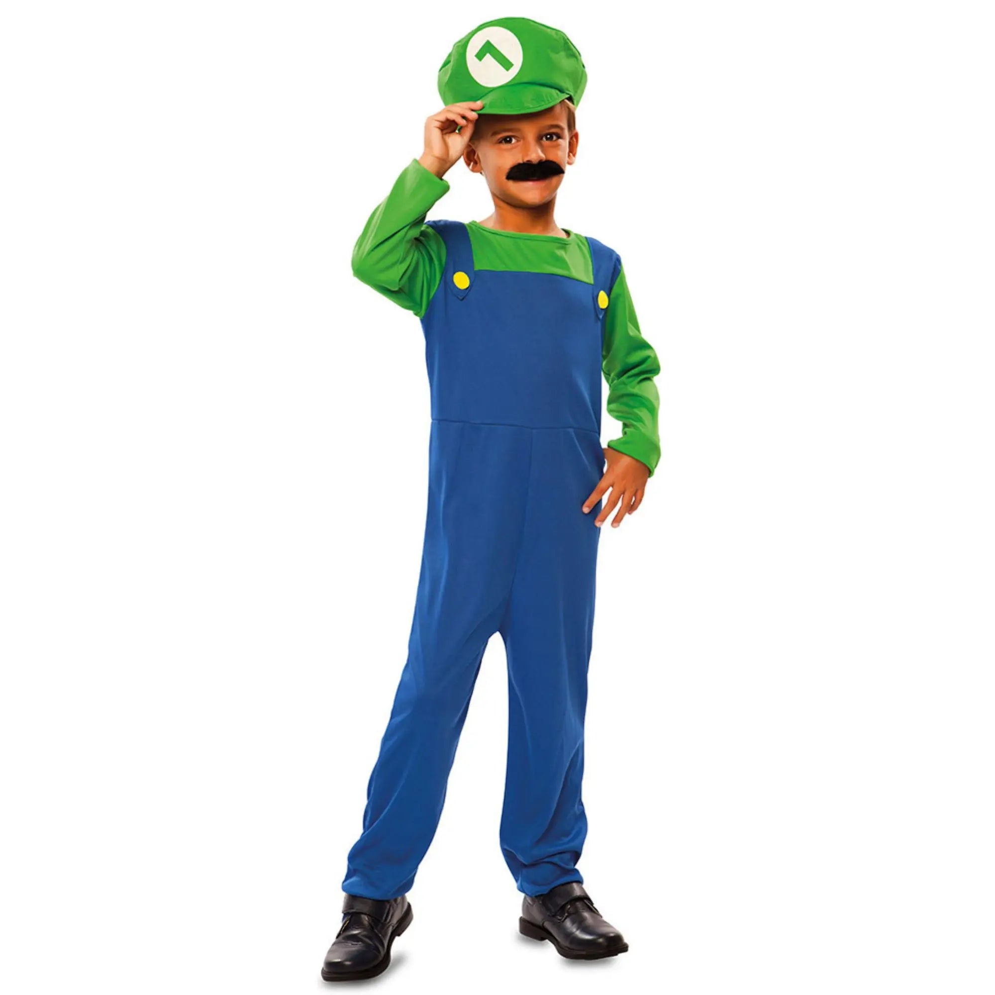 Disfraz de Luigi infantil con mono, camisa verde y gorra verde para niño ideal para Carnaval