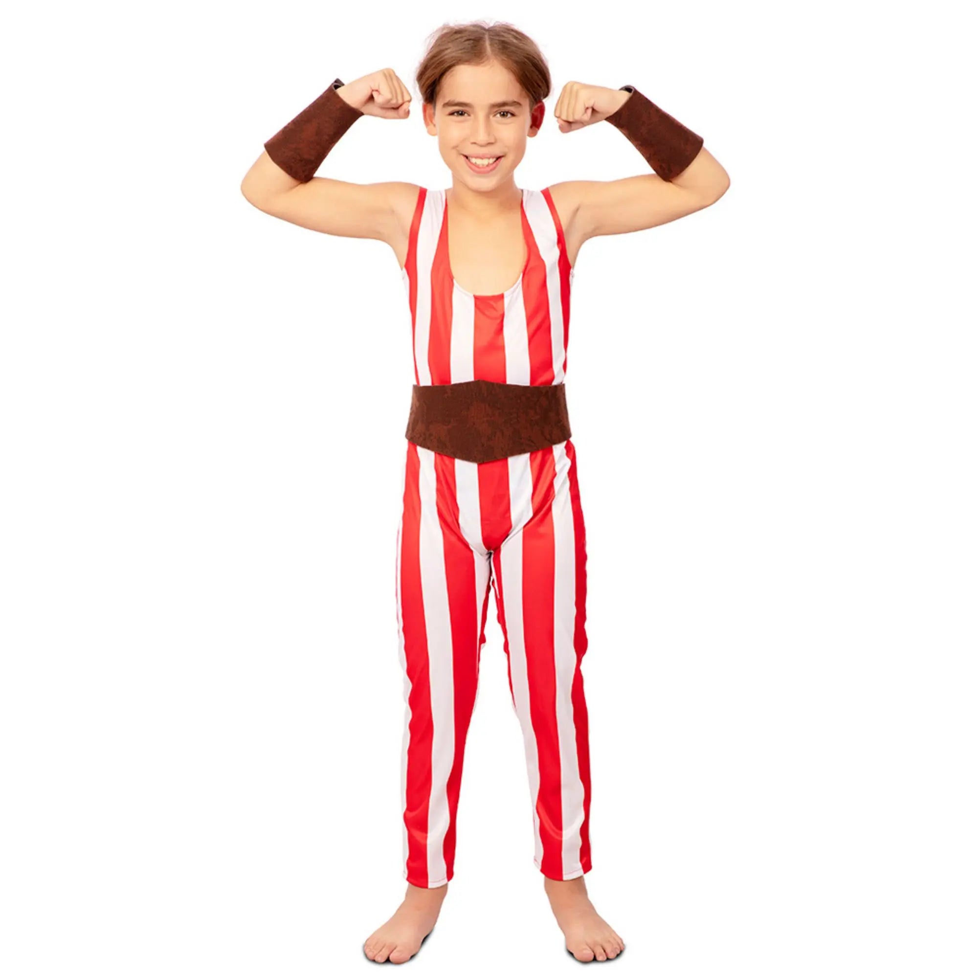 Disfraz de forzudo niño con mono rojo a rayas estilo circo retro