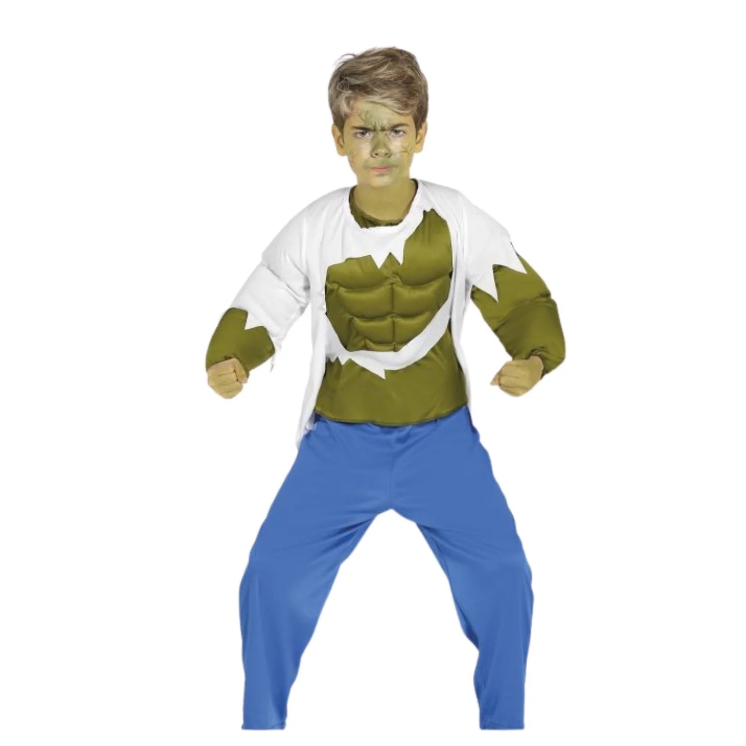 Disfraz de forzudo verde infantil con camisa y pantalón