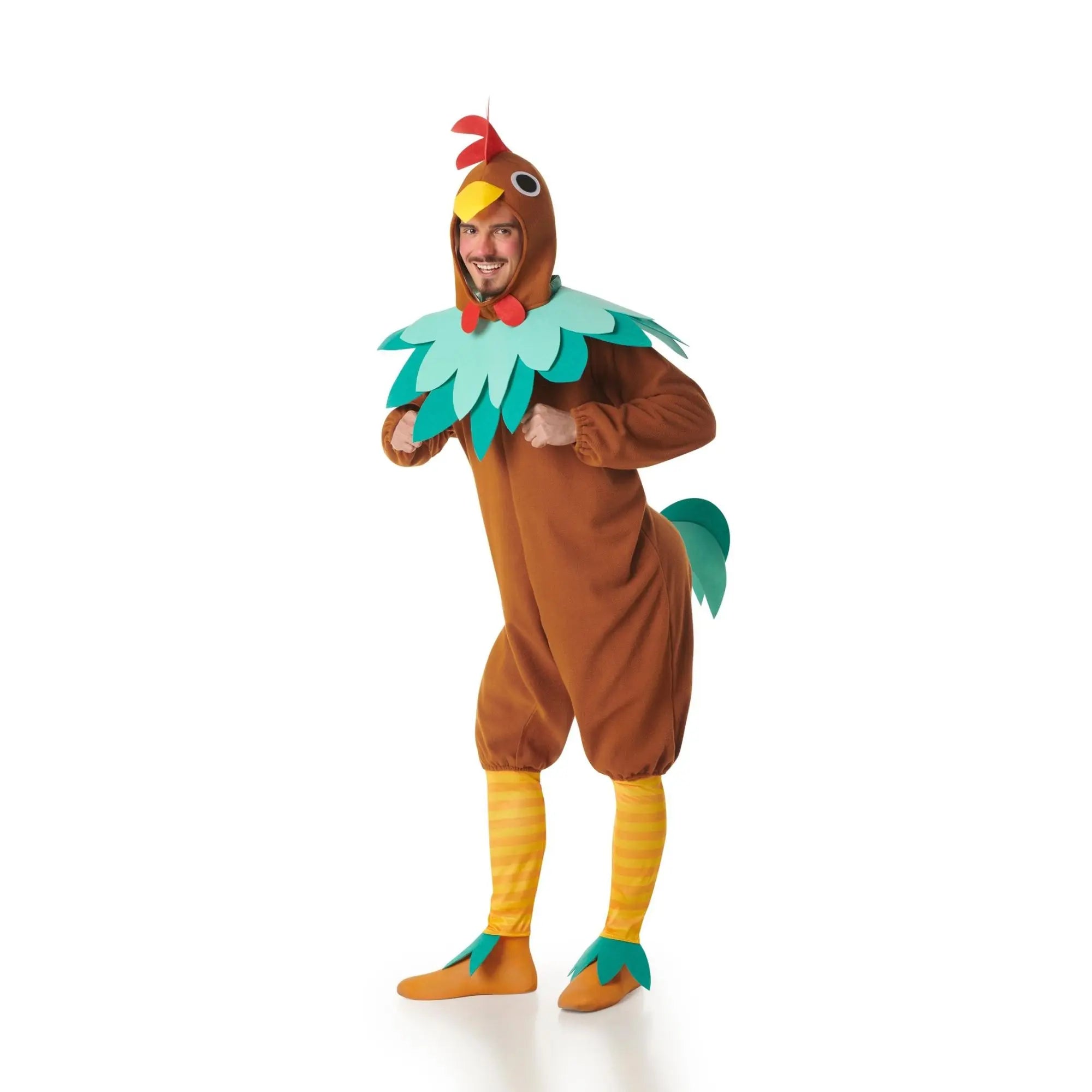 Disfraz de gallo marrón para hombre con capucha, mono con cola y perneras para Carnav
