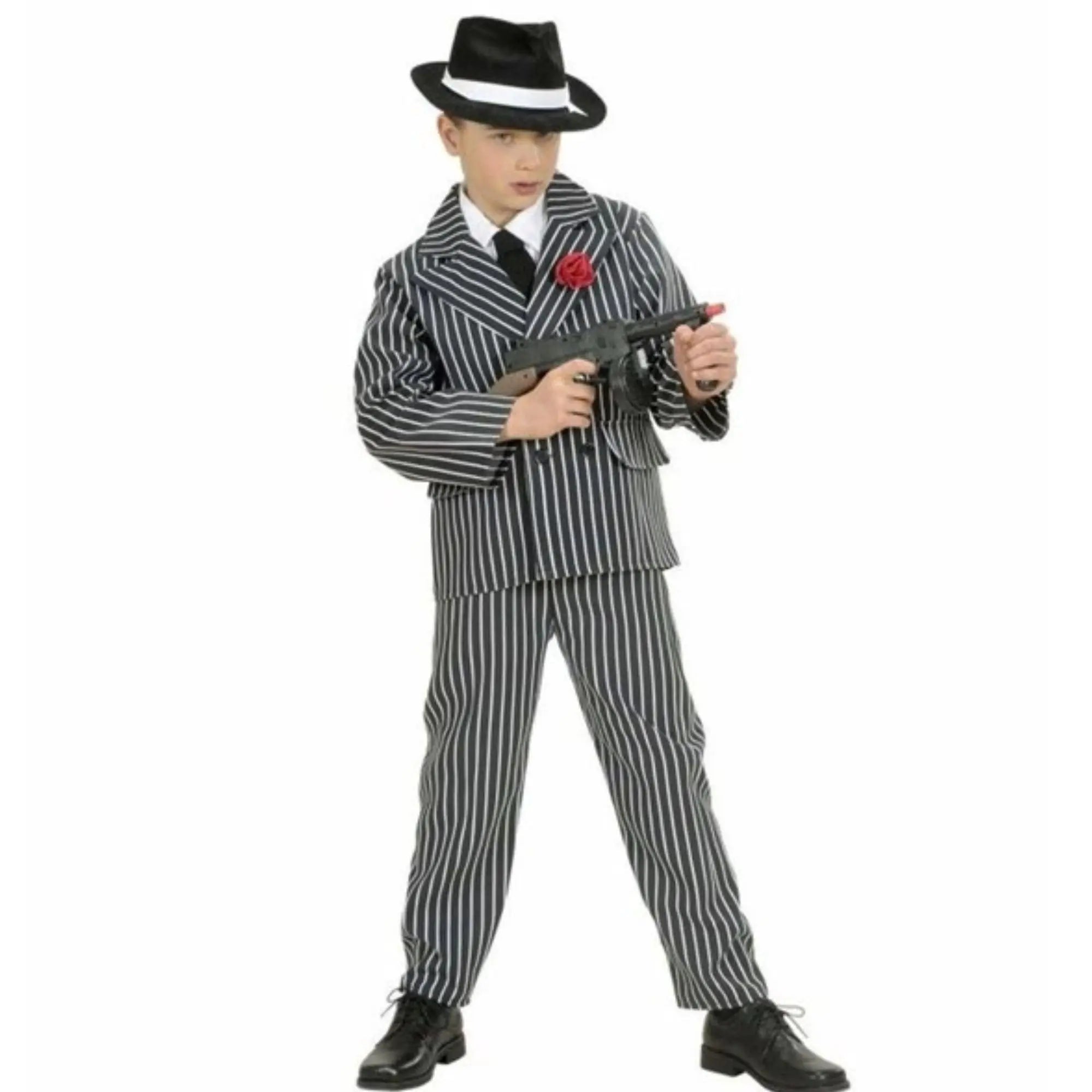 Disfraz de gangster para niño con traje a rayas, corbata y estilo mafioso elegante