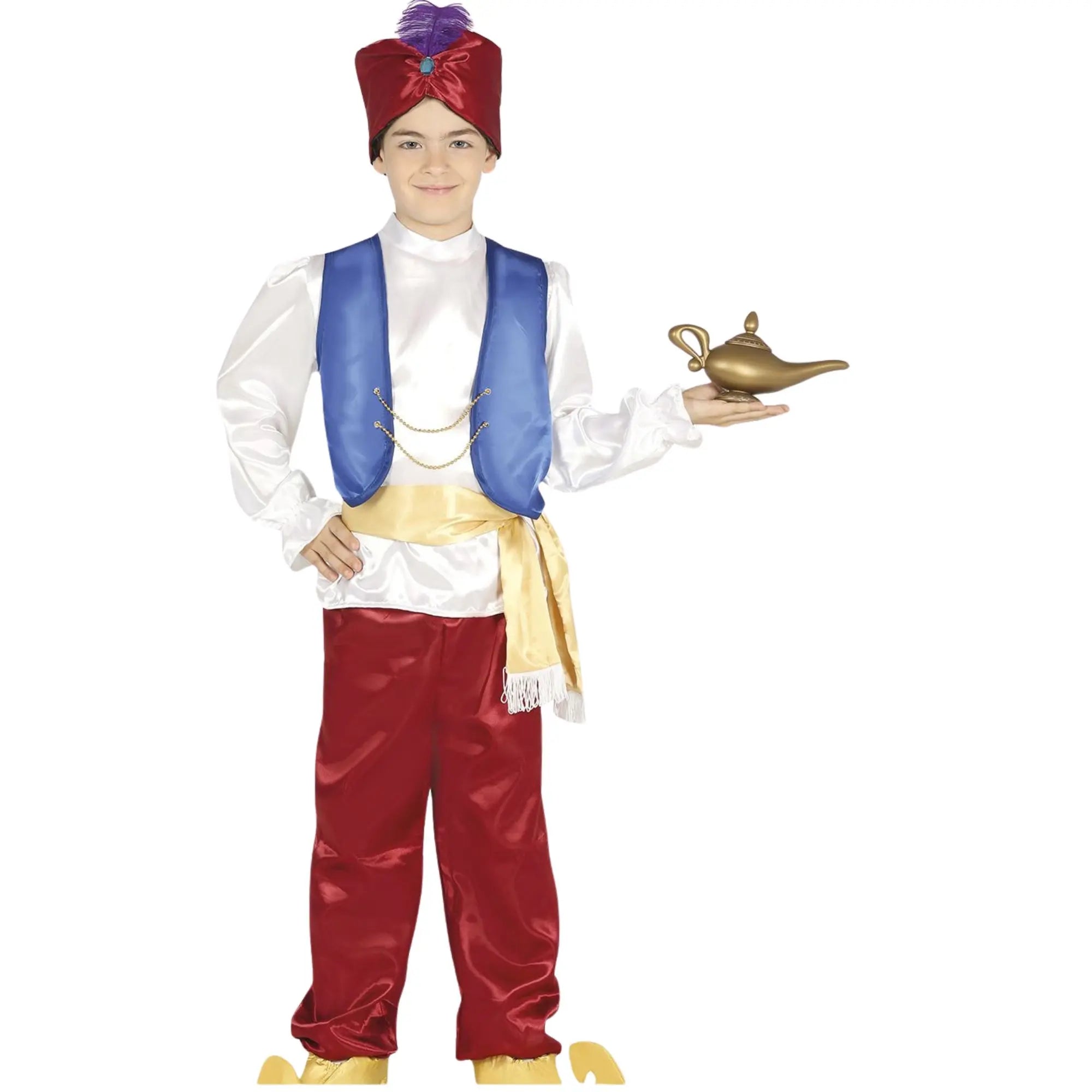 Disfraz de ladrón del desierto para niño con chaleco, faja, gorro, pantalón y camisa estilo oriental para Carnaval
