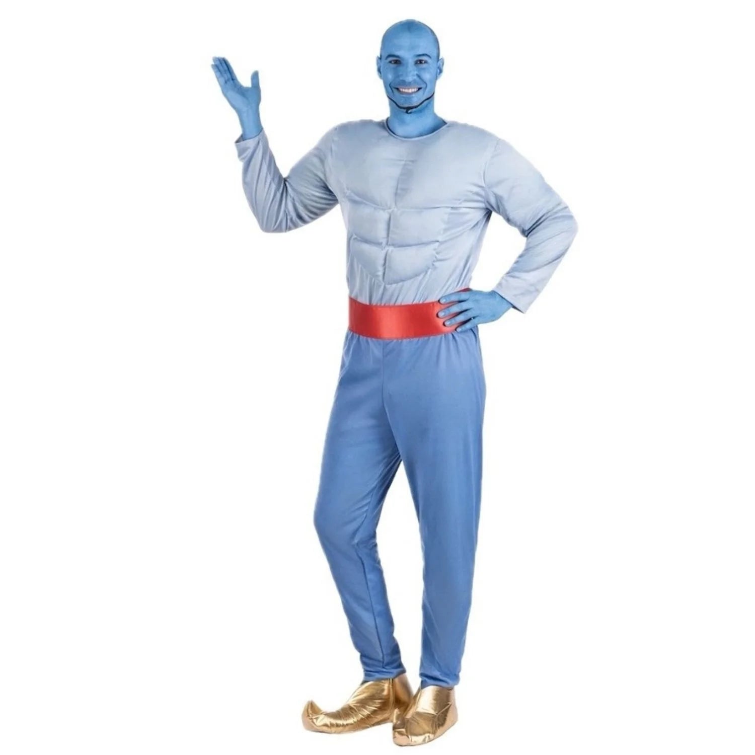 Disfraz de Genio Azul adulto con camiseta musculada y babuchas doradas