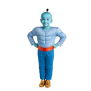 Disfraz de Genio Azul infantil con pantalón azul y babuchas doradas