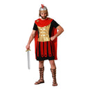Disfraz de Gladiador para hombre con túnica negra, armadura dorada y capa roja