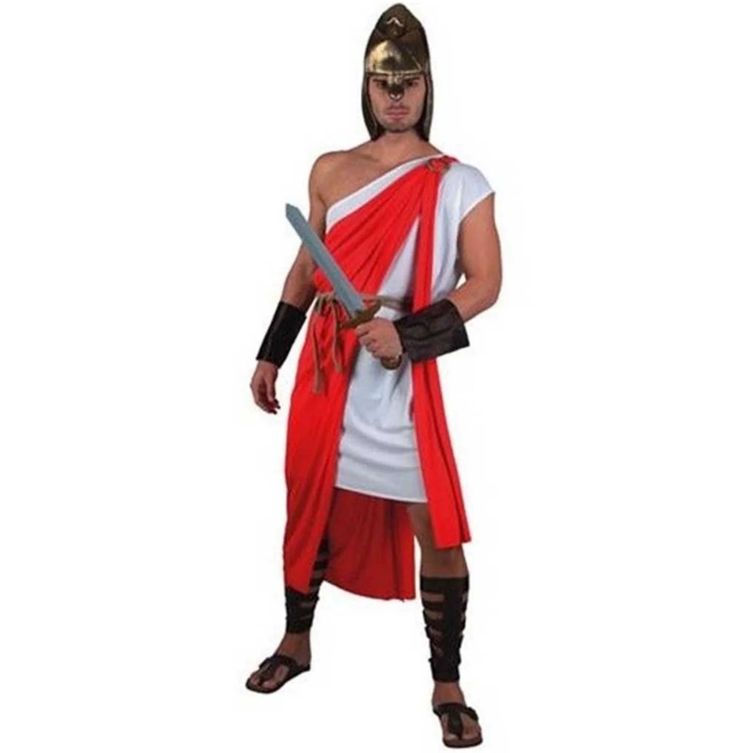 Disfraz Gladiador para hombre con casco romano, túnica roja y complementos de guerrero