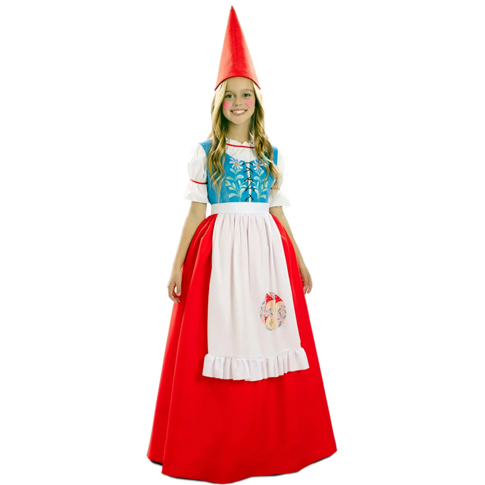 Disfraz de gnoma niña con vestido rojo y azul, delantal blanco y gorro rojo para Carnaval