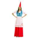 Disfraz de gnoma para mujer con vestido rojo, camiseta azul, delantal blanco y gorro para Carnaval