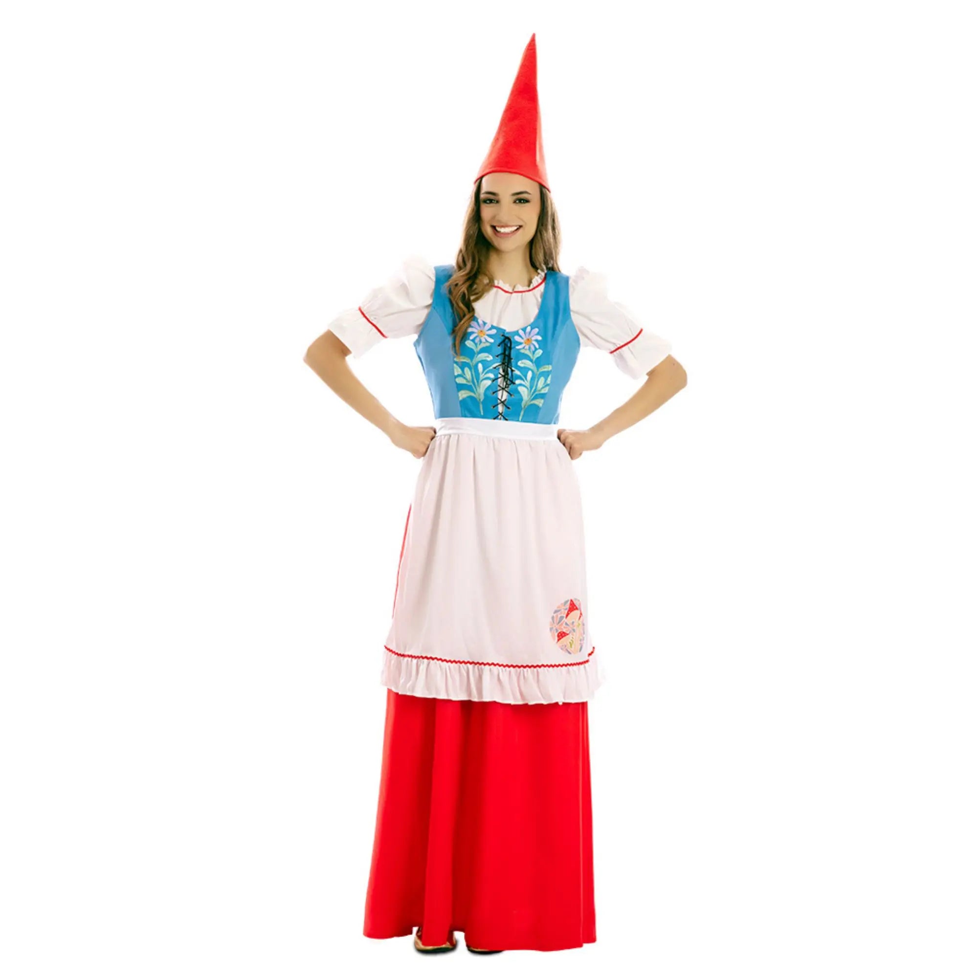 Disfraz de gnoma para mujer con vestido rojo, camiseta azul, delantal blanco y gorro para Carnaval