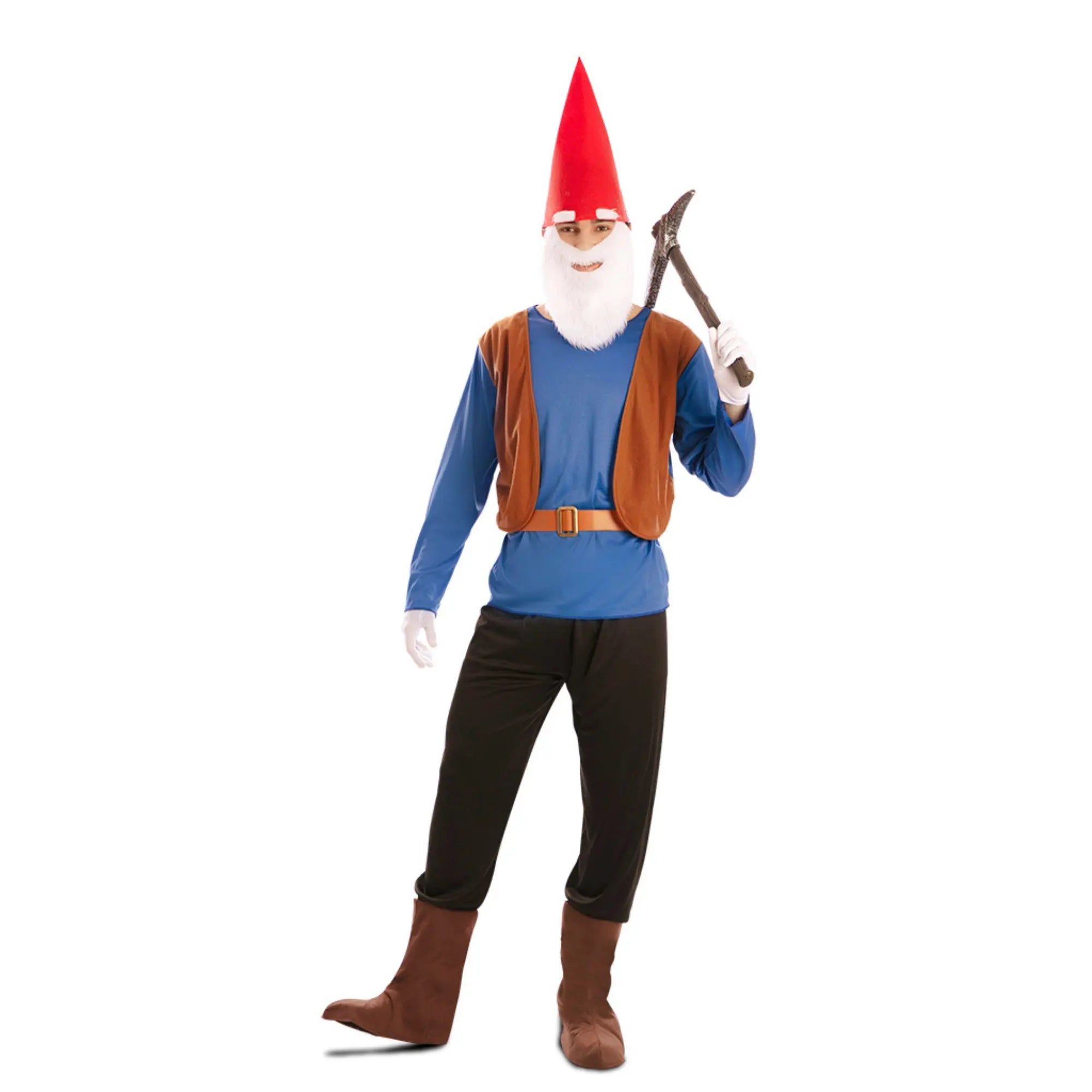 Disfraz de gnomo para hombre con sombrero y barba en tonos azules y marrón para Carnaval