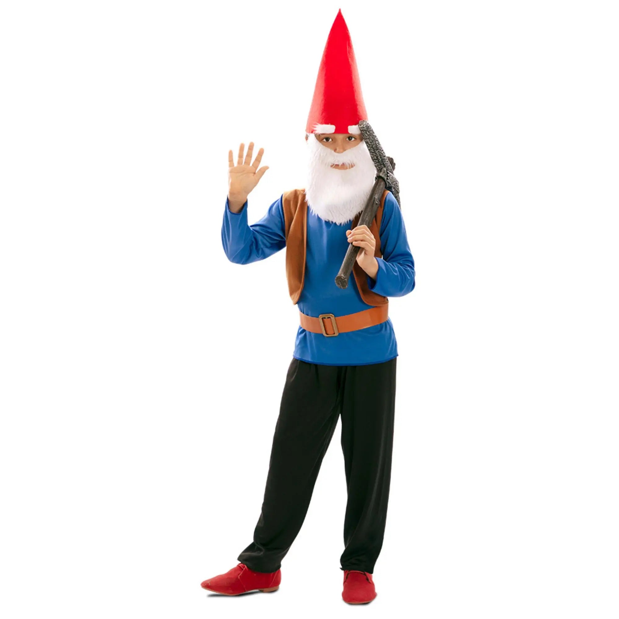 Disfraz de gnomo infantil con pantalón azul y sombrero rojo con barba blanca para Carnaval