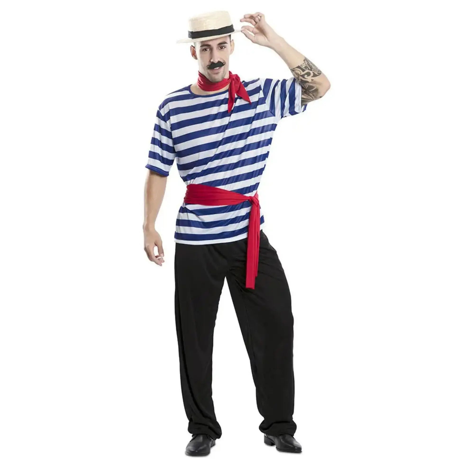 Disfraz de gondolero adulto con camiseta de rayas azules, pantalón negro y accesorios rojos para Carnaval