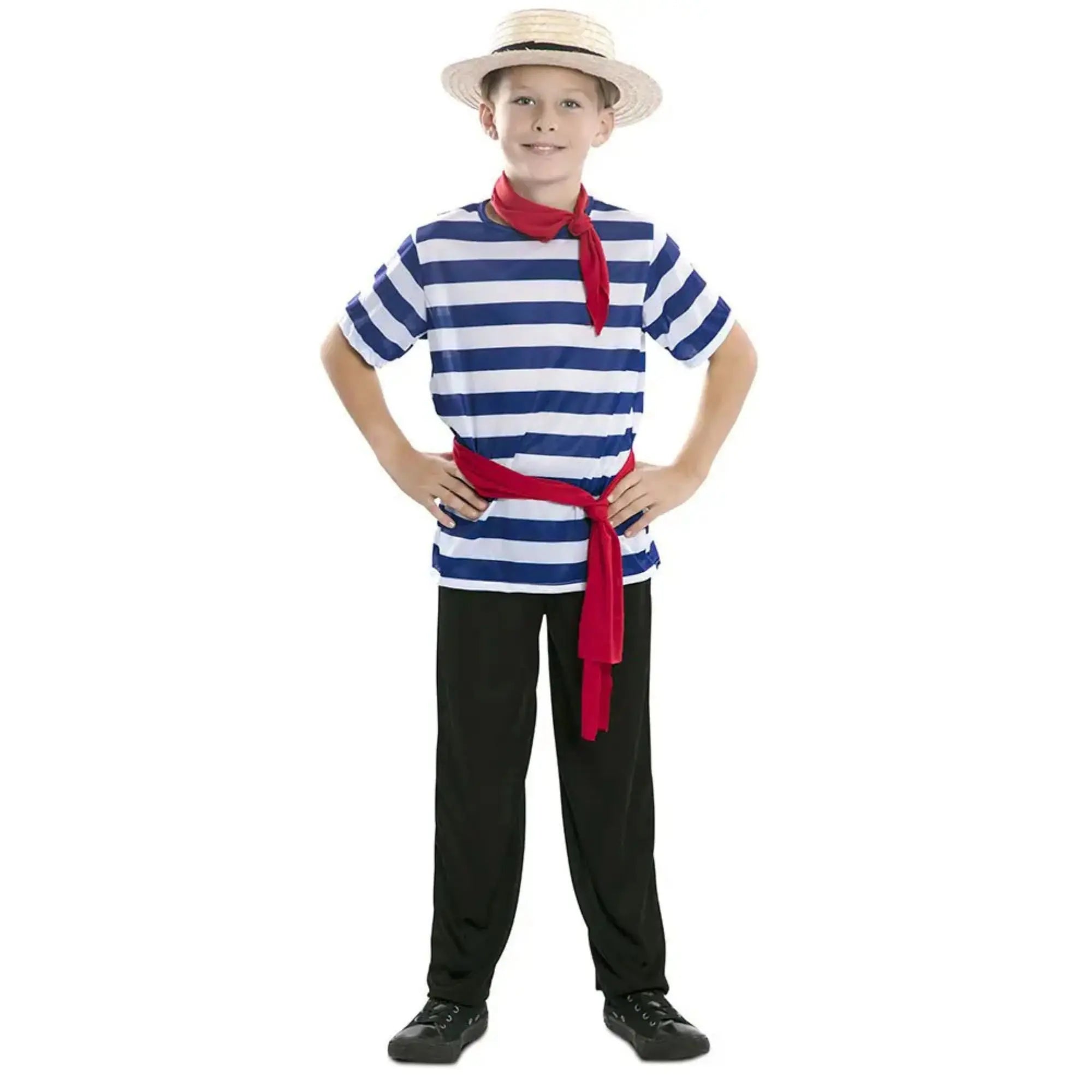 Disfraz infantil de gondolero con camiseta de rayas, pantalón y accesorios para Carnaval
