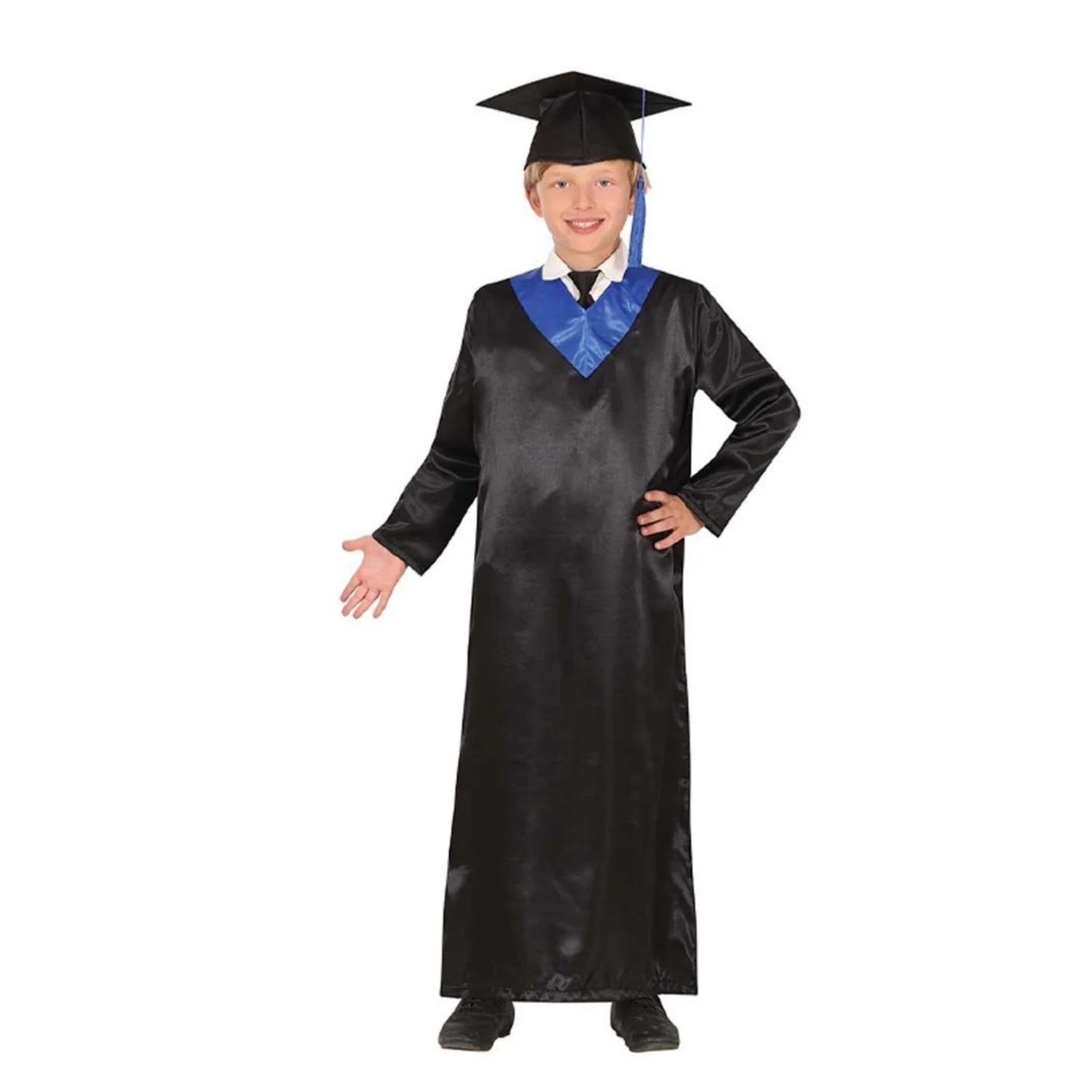 Disfraz de graduado azul infantil con gorro y túnica