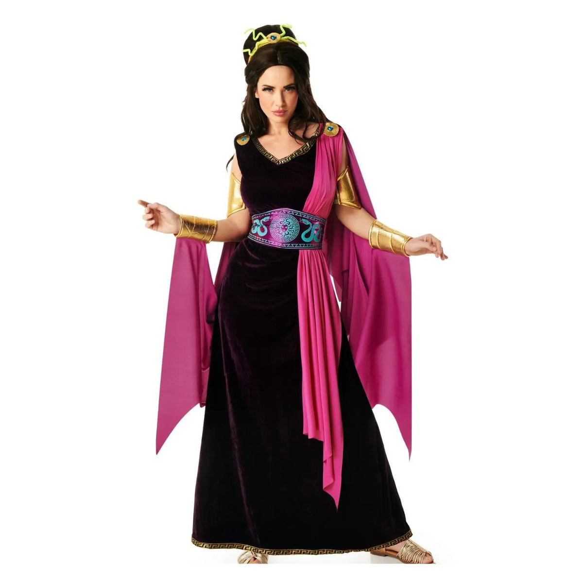 Disfraz de Griega Medusa para mujer con vestido, capa y diadema de serpientes