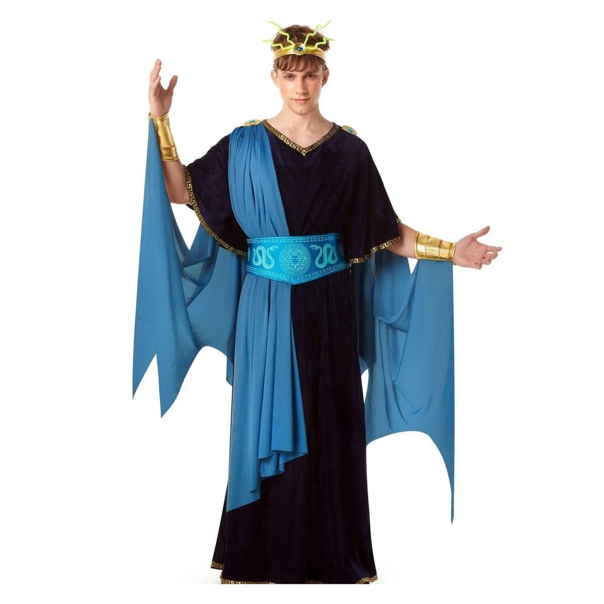 Disfraz Griego Medusa para hombre con vestido, capa azul, cinturón, brazaletes y diadema