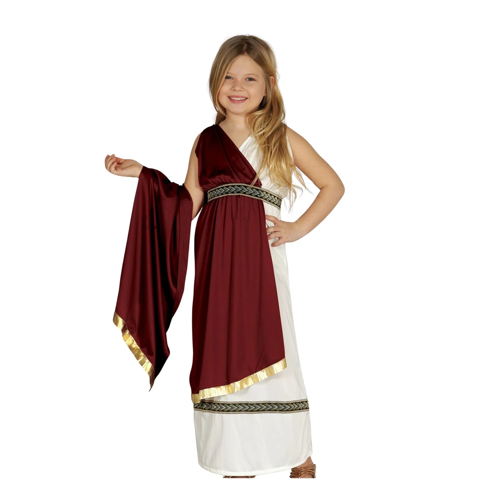 Disfraz de romana o griega para niña con túnica, capa y cinturón estilo histórico elegante para Carnaval