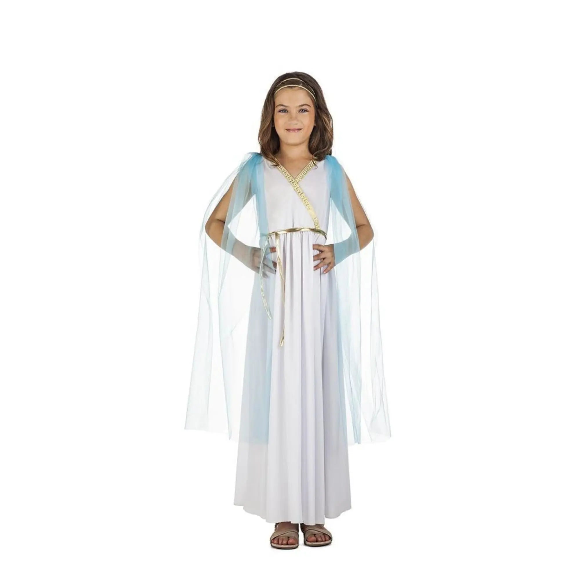 Disfraz de griega para niña con vestido clásico y cinturón inspirado en la Antigua Grecia