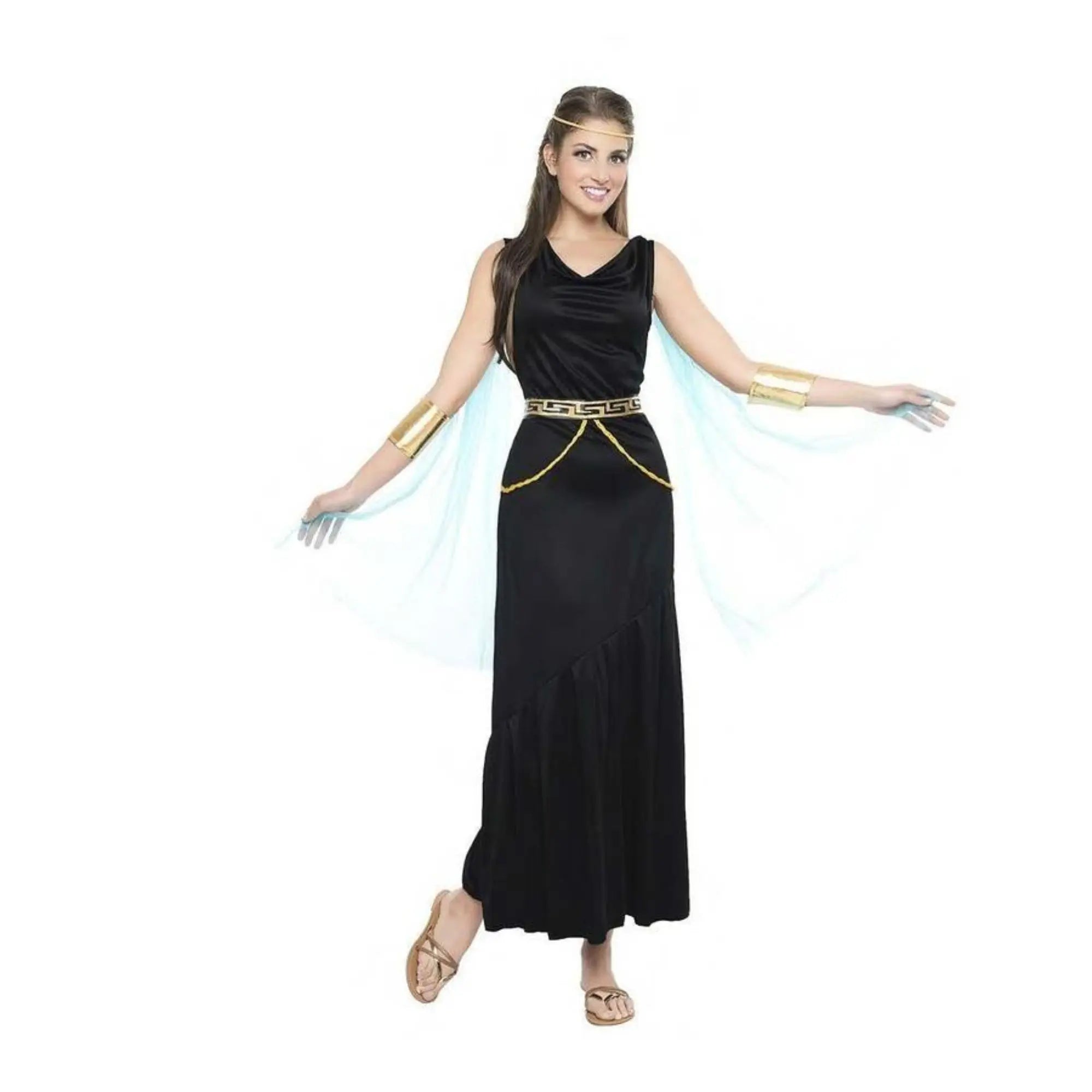 Disfraz de griega negro para mujer con vestido y accesorios clásicos de la antigua Grecia