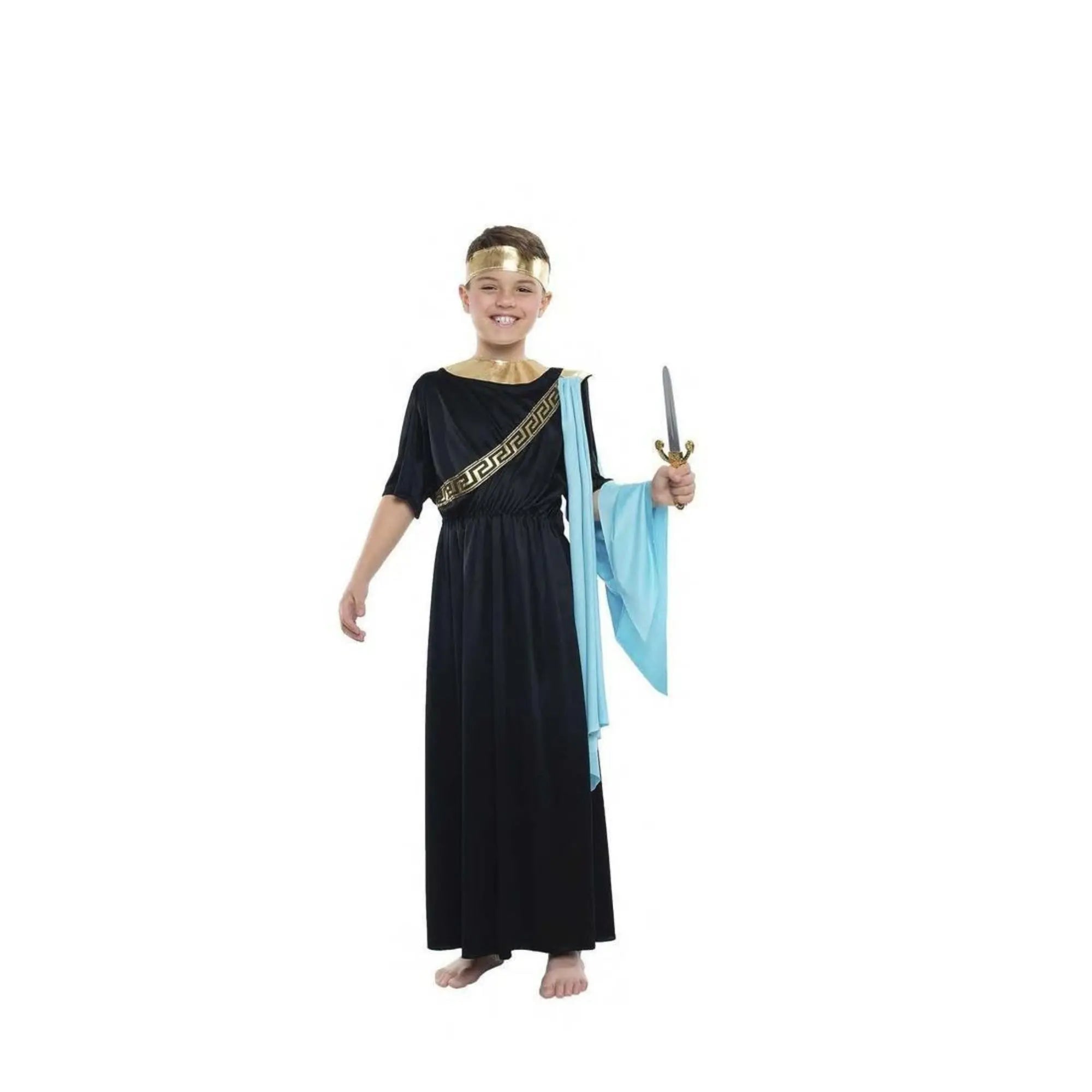 Disfraz de sacerdote griego para niño con túnica blanca y accesorios clásicos