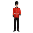 Hombre con disfraz de Guardia Inglesa roja y sombrero alto negro