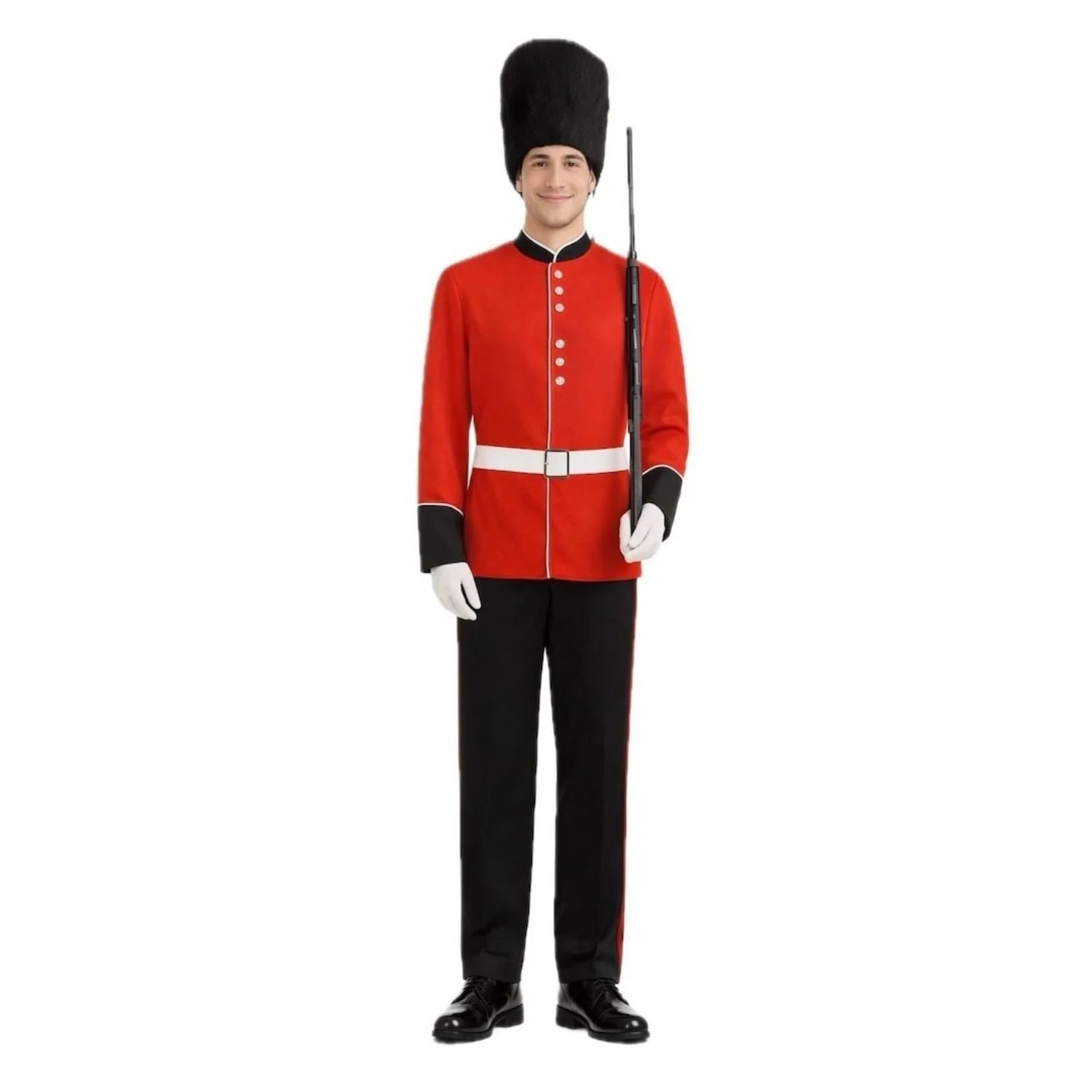 Hombre con disfraz de Guardia Inglesa roja y sombrero alto negro